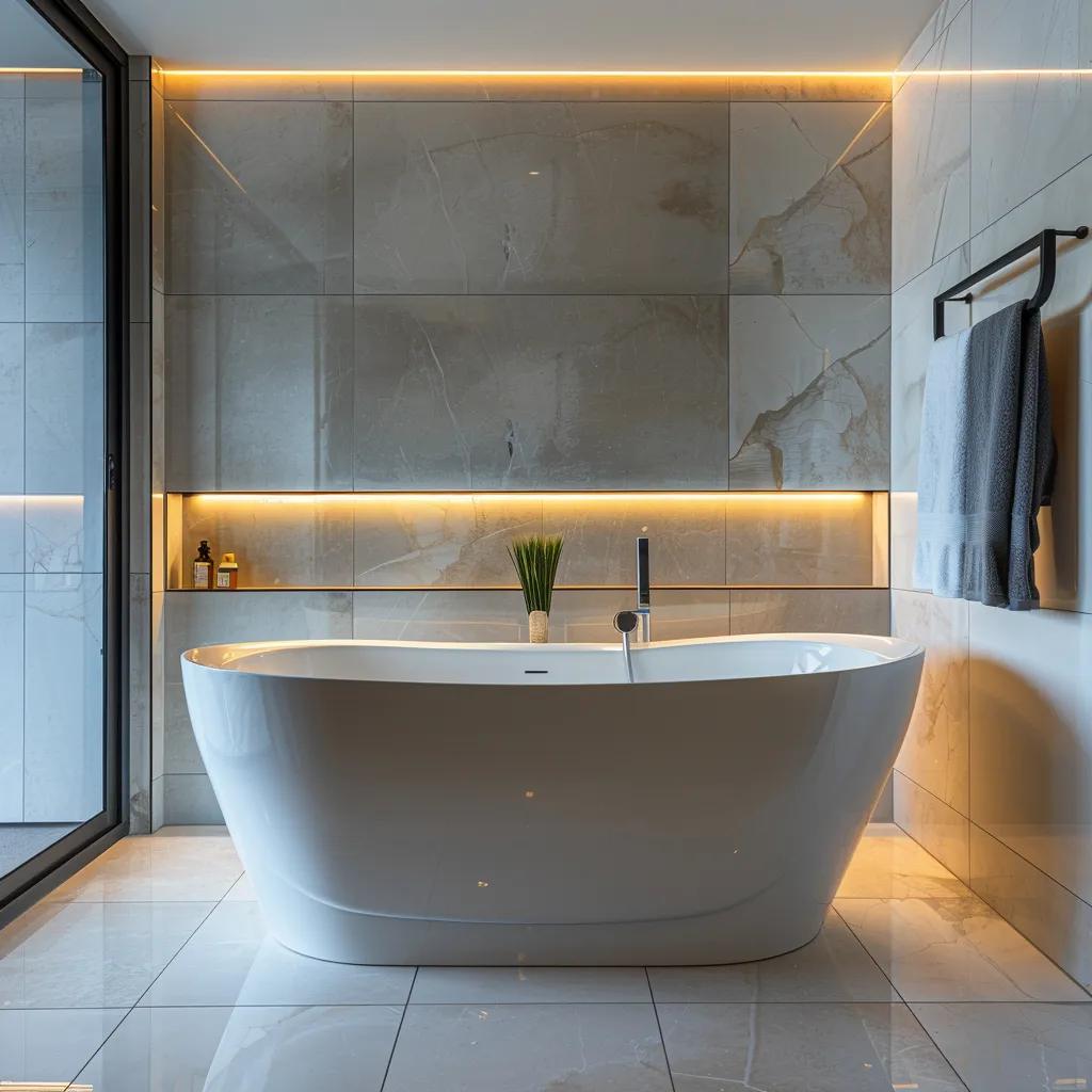 a luxurious freestanding bathtub is elegantly positioned in a modern melbourne bathroom, surrounded by sleek tiles and ambient lighting that highlight its sophisticated design.