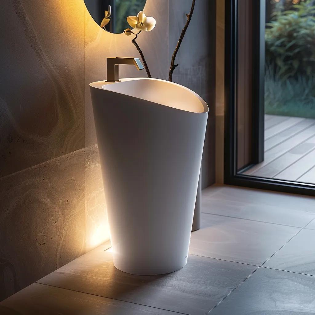 a sleek, modern freestanding basin is elegantly displayed in a contemporary bathroom setting, surrounded by polished surfaces and sophisticated lighting that accentuates its minimalist design.