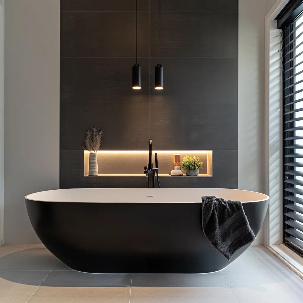 a sleek, modern freestanding bathtub is elegantly displayed in a contemporary brisbane bathroom, featuring minimalist décor, chic lighting, and stylish accessories that evoke a sense of luxury and relaxation.