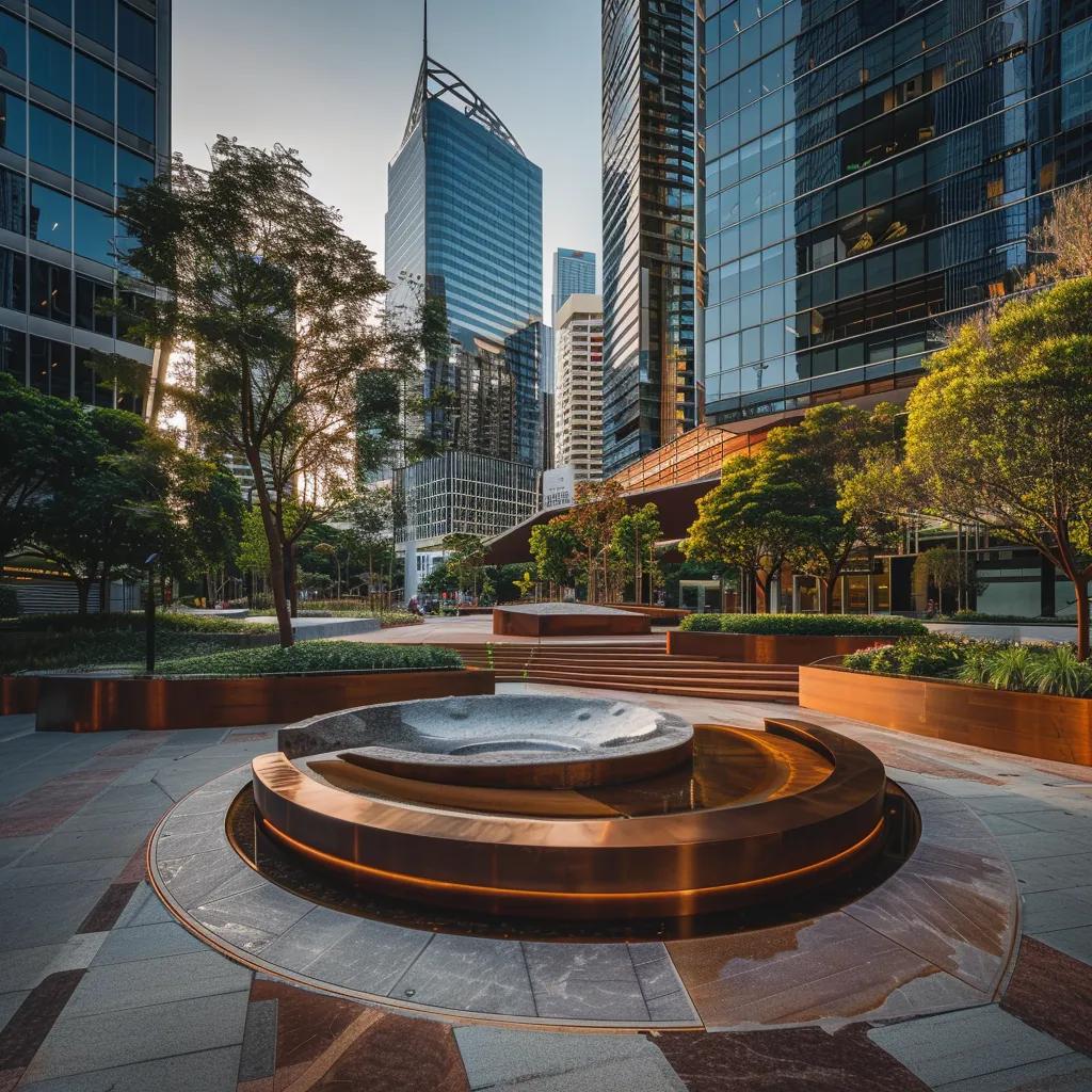 a sleek, modern urban plaza featuring the iconic stone basin in brisbane, surrounded by contemporary architecture and vibrant city life, capturing the essence of urban sophistication.