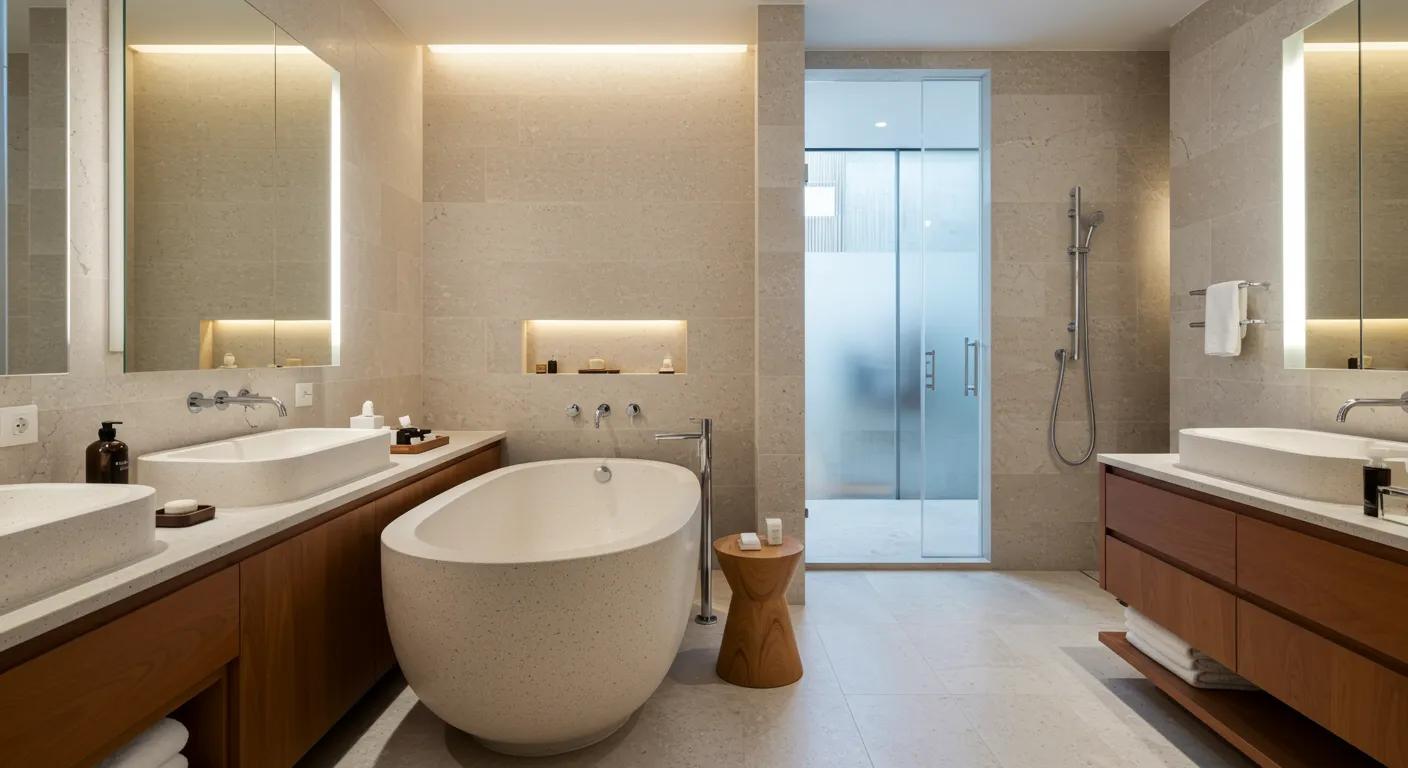an elegantly designed stone bath in a luxurious melbourne bathroom, with minimalist decor, modern fixtures, and soft ambient lighting creating a serene atmosphere.