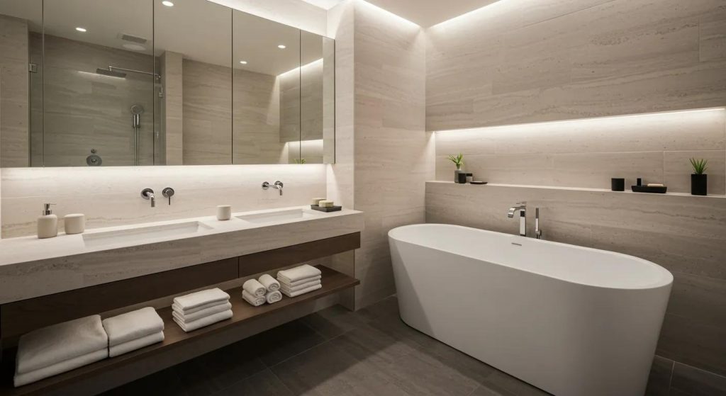 a sleek, modern bathroom showcasing a pristine pietra bianca solid surface bath, illuminated by soft, ambient lighting, accentuating the luxury design and impeccable craftsmanship.