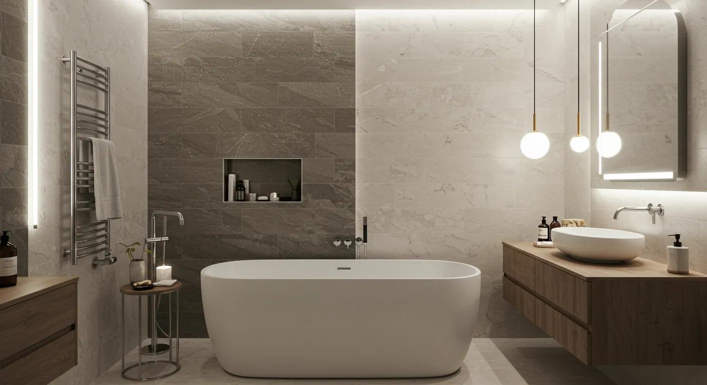 an elegant, contemporary bathroom showcases pietra bianca’s premium solid surface bath, featuring sleek lines and a luxurious finish, illuminated by soft ambient lighting in a sophisticated urban setting.