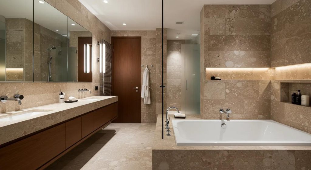 a luxurious bathroom interior in a chic sydney or melbourne apartment showcases a sleek natural stone bath highlighted by sophisticated fixtures and elegant lighting, reflecting a perfect blend of modern design and practical functionality.