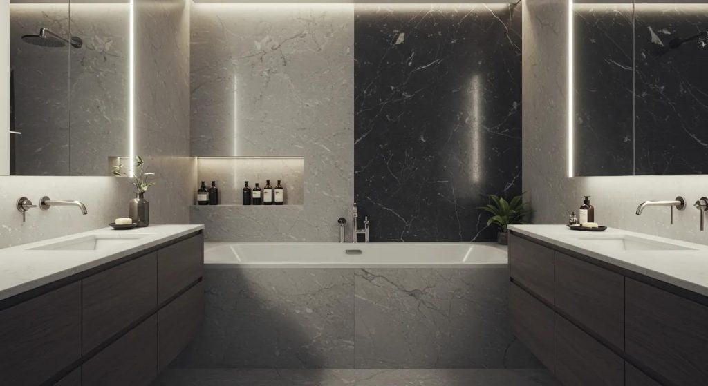 a sleek, modern bathroom featuring a beautifully designed pietra bianca bath as the stunning centrepiece, enhanced by elegant fixtures and ambient lighting, showcasing a luxurious and timeless renovation in a stylish urban setting.