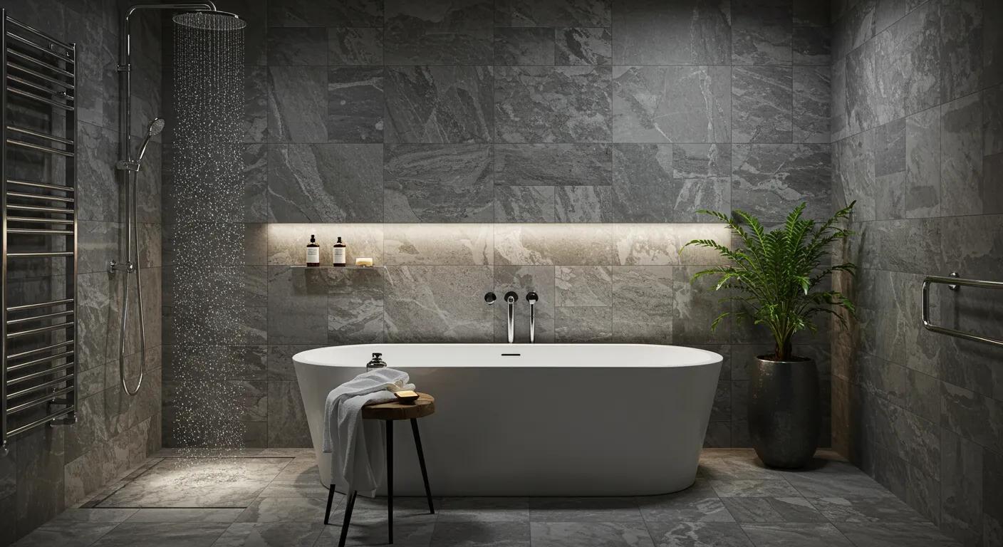 a luxurious bathroom setting showcasing an opulent stone bath against a backdrop of sleek modern tiles and elegant fixtures, bathed in soft, ambient lighting to highlight the timeless sophistication of sydney and melbourne's high-end aesthetics.