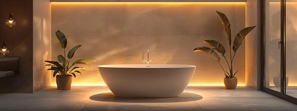 a luxurious bathroom in a sleek, modern setting showcases a pristine solid surface bathtub, exuding elegance with its smooth lines and impeccable finish, highlighted by ambient lighting that accentuates the high-end design elements.