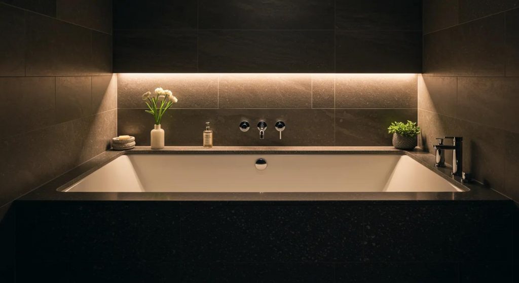 a luxurious stone bath, elegantly set in a chic, modern bathroom with soft ambient lighting, showcasing a pristine surface glistening after meticulous care and highlighting the beauty of meticulous maintenance.
