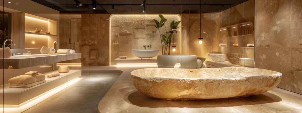 an elegant showroom in sydney showcases a range of bespoke stone baths, highlighting exquisite craftsmanship against a backdrop of sleek, modern decor, with well-lit displays that invite personalised consultations with knowledgeable staff.