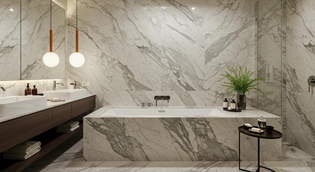 a luxurious bathroom setting in a stylish modern home in sydney showcases an exquisite marble stone bath, elegantly lit with soft ambient lighting, highlighting its intricate craftsmanship and artistic design against a backdrop of sleek fixtures and minimalistic décor.
