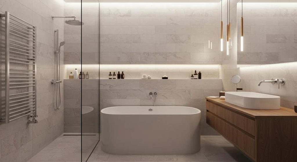 a beautifully designed, modern bathroom featuring a luxurious pietra bianca solid surface bath, showcasing its sleek lines and elegant craftsmanship under soft, ambient lighting, set against a minimalist urban interior.