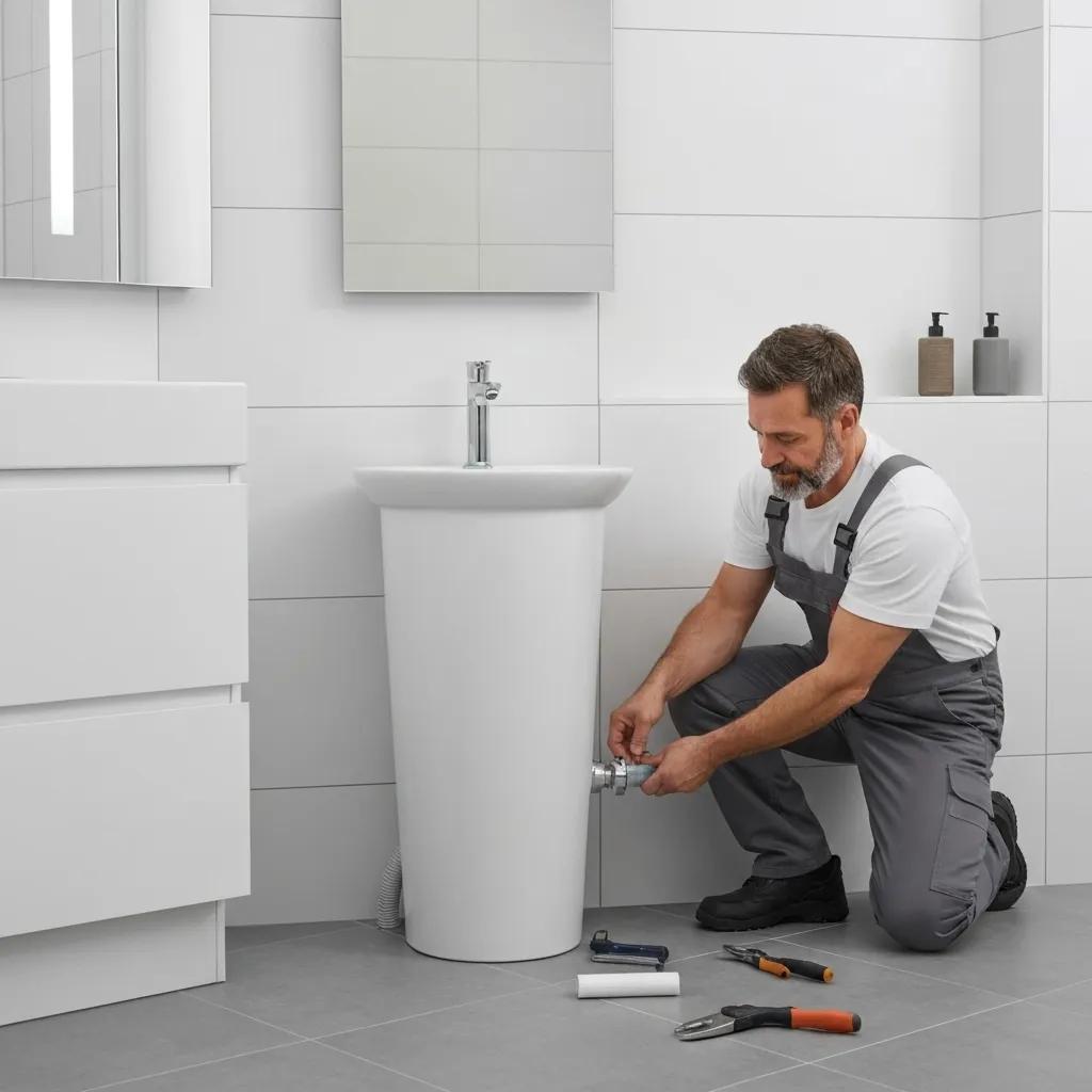 Installation of a Pietra Bianca freestanding basin in a modern bathroom with a focus on plumbing
