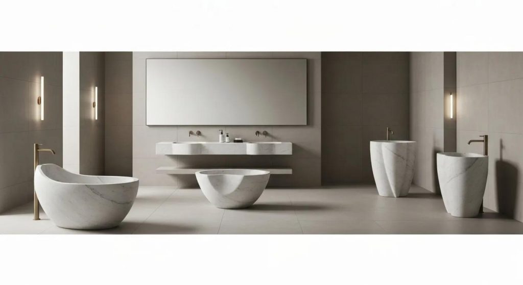 Variety of unique shapes of Pietra Bianca freestanding basins in a stylish bathroom setting