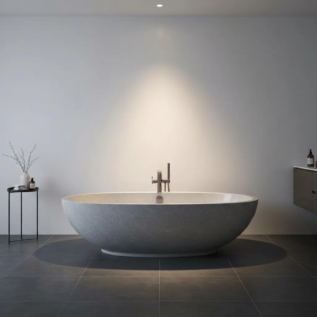 Luxurious freestanding stone bath in a modern bathroom, emphasizing craftsmanship and serene atmosphere