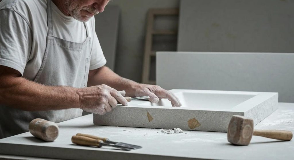 Artisan sculpting a stone composite slab, highlighting craftsmanship in luxury bathware production