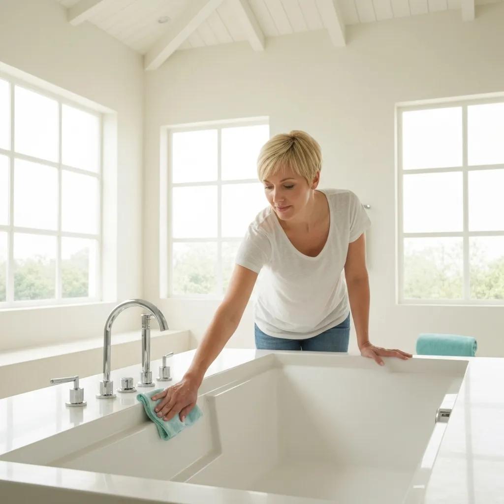 Person cleaning a solid surface bath, highlighting its hygienic and easy maintenance features
