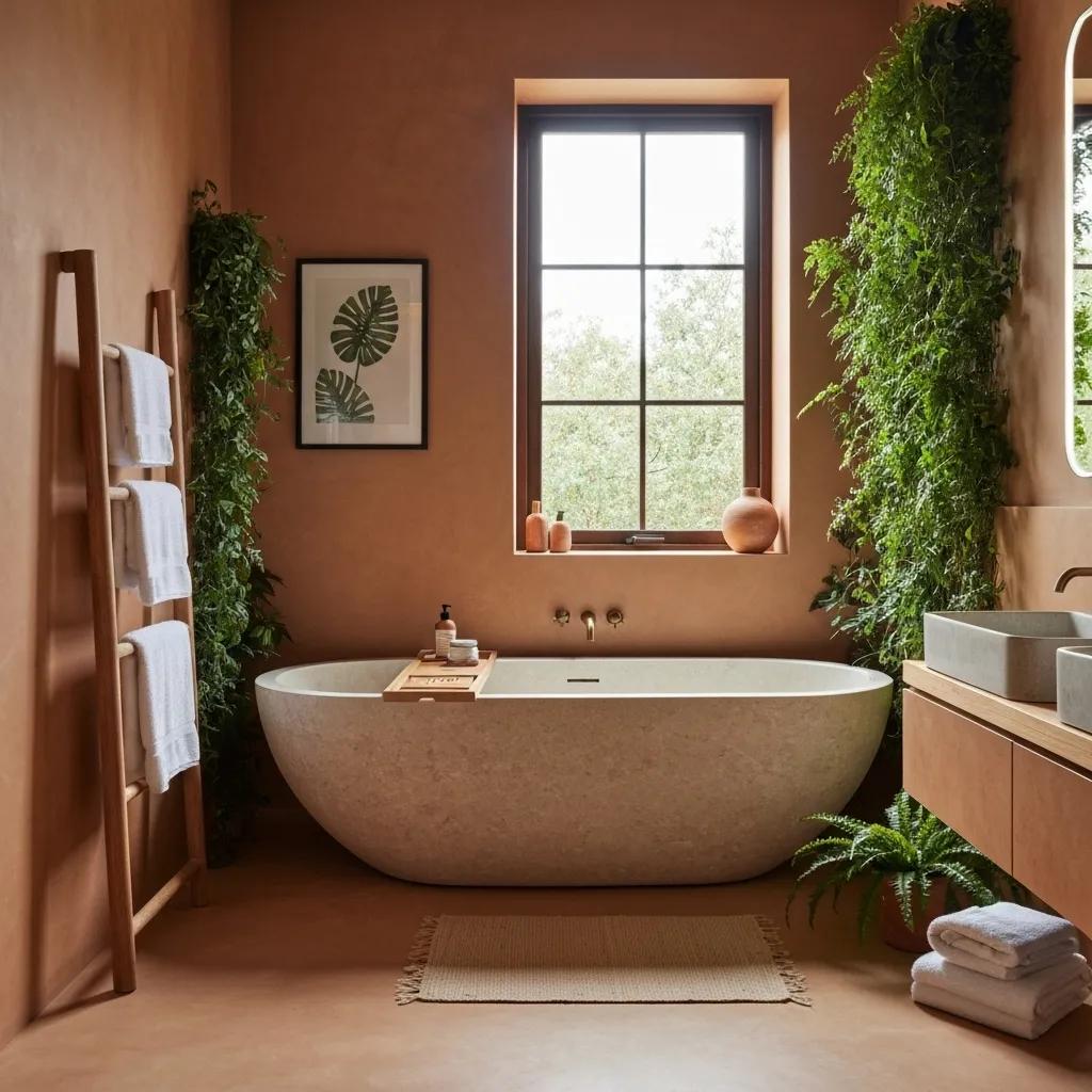 Spa-like bathroom with freestanding stone bath, showcasing tranquility and natural design elements