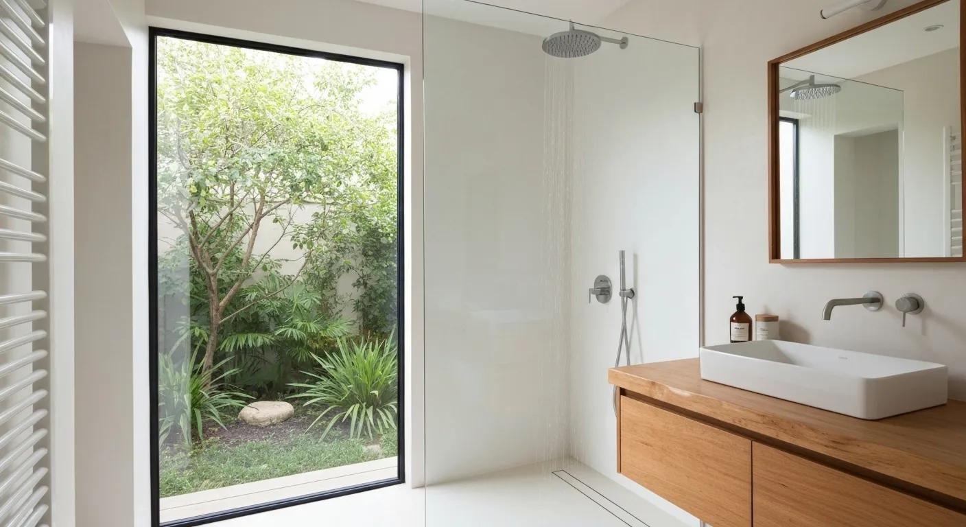 Eco-friendly stone bath in a bright bathroom, surrounded by plants, emphasizing sustainability and natural materials