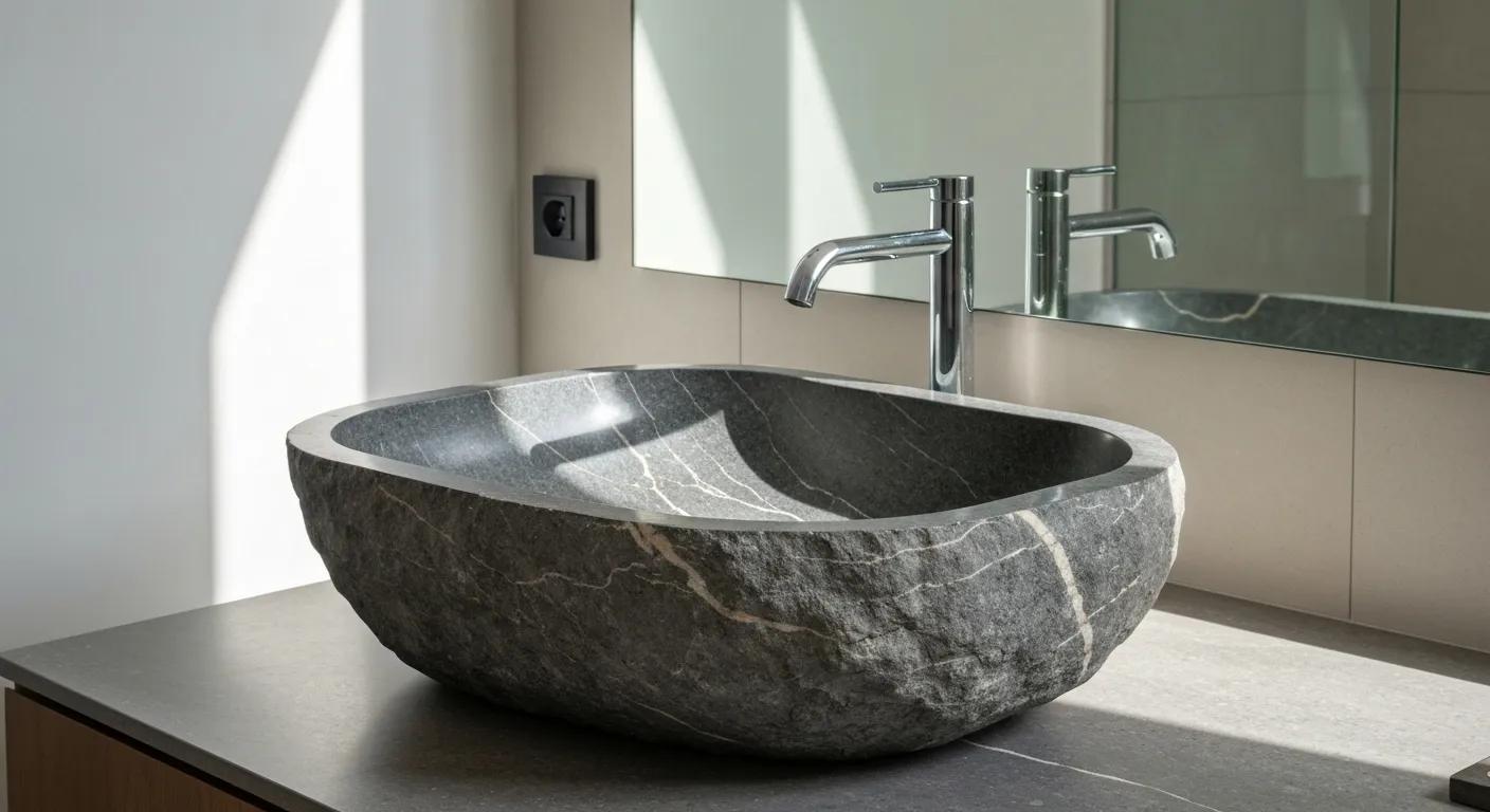 Luxury stone basin in a modern bathroom, highlighting handcrafted details and natural textures