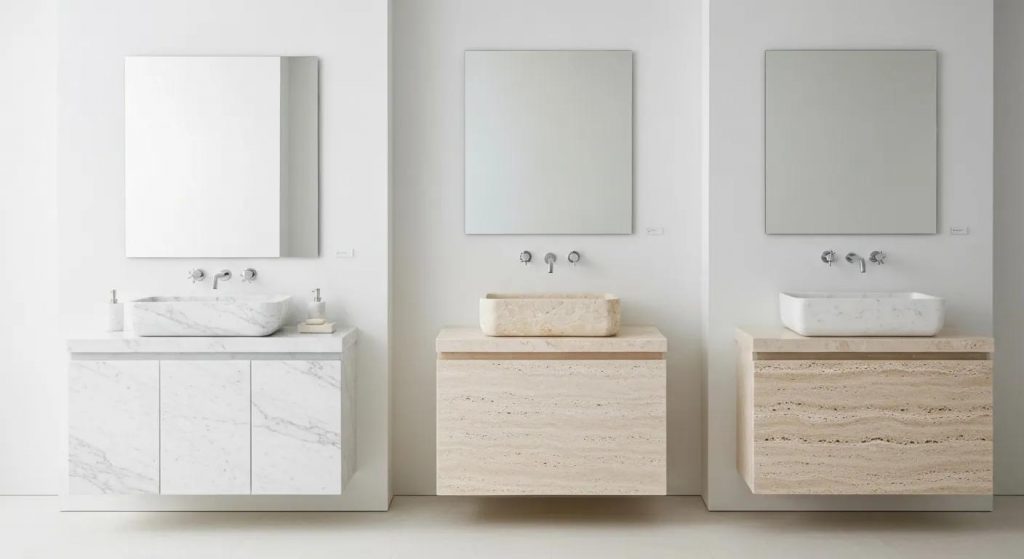 Display of marble, limestone, and travertine stone basins in a stylish bathroom setting