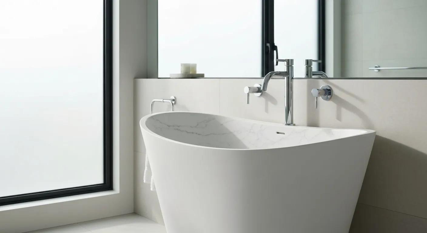 Luxury Pietra Bianca freestanding basin in a modern Melbourne bathroom
