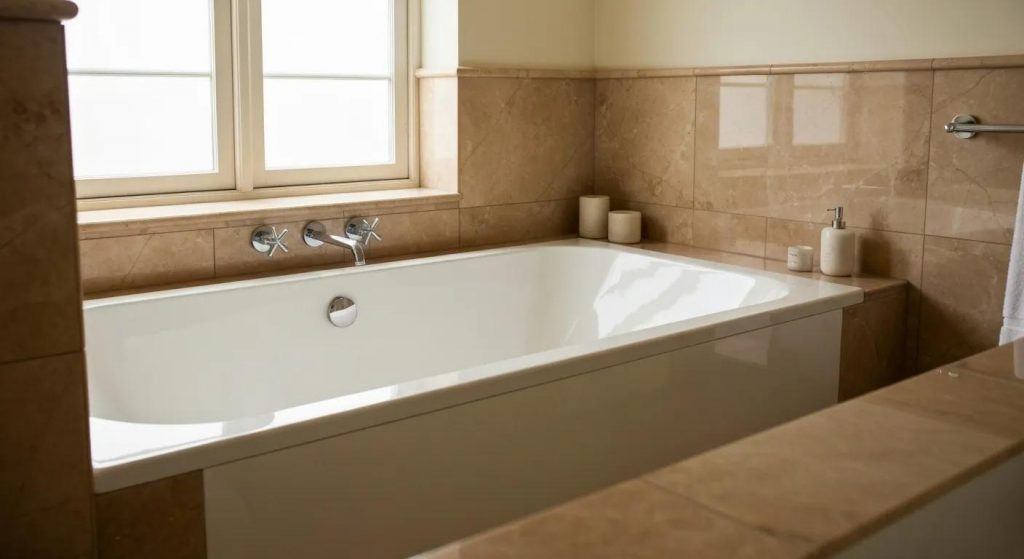 Luxurious Pietra Bianca freestanding bath in a beautifully styled bathroom, emphasizing spa-like warmth and elegance